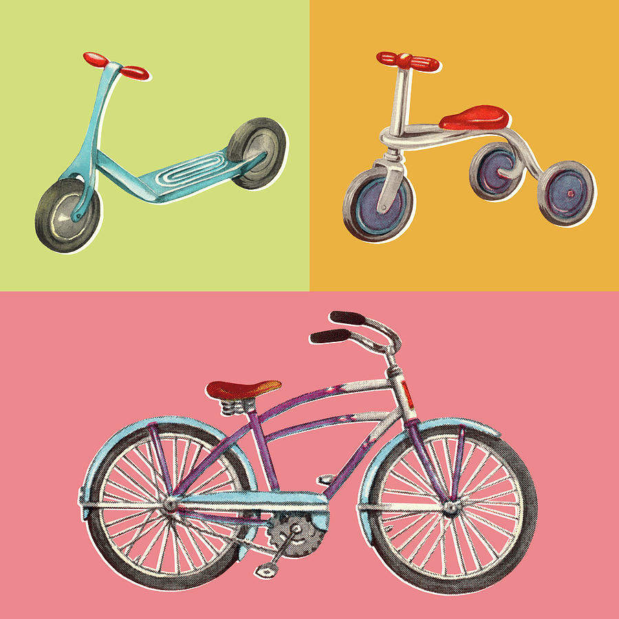 Transportation Drawing - Scooter Tricycle and Bicycle by CSA Images