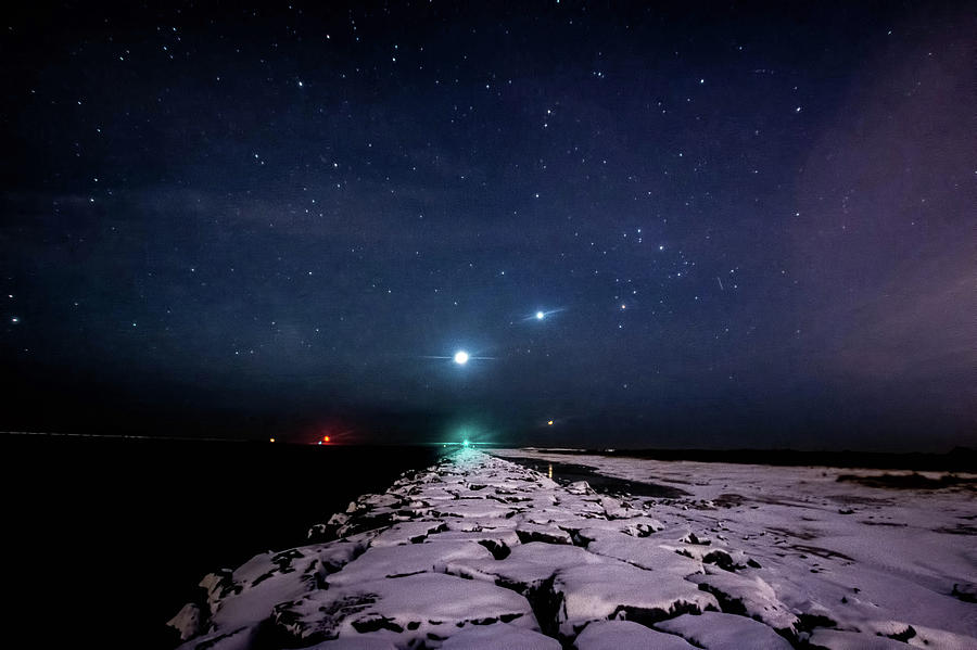 Scorpio, Jupiter and Venus rising over a snow jetty Photograph by Alan Goldberg