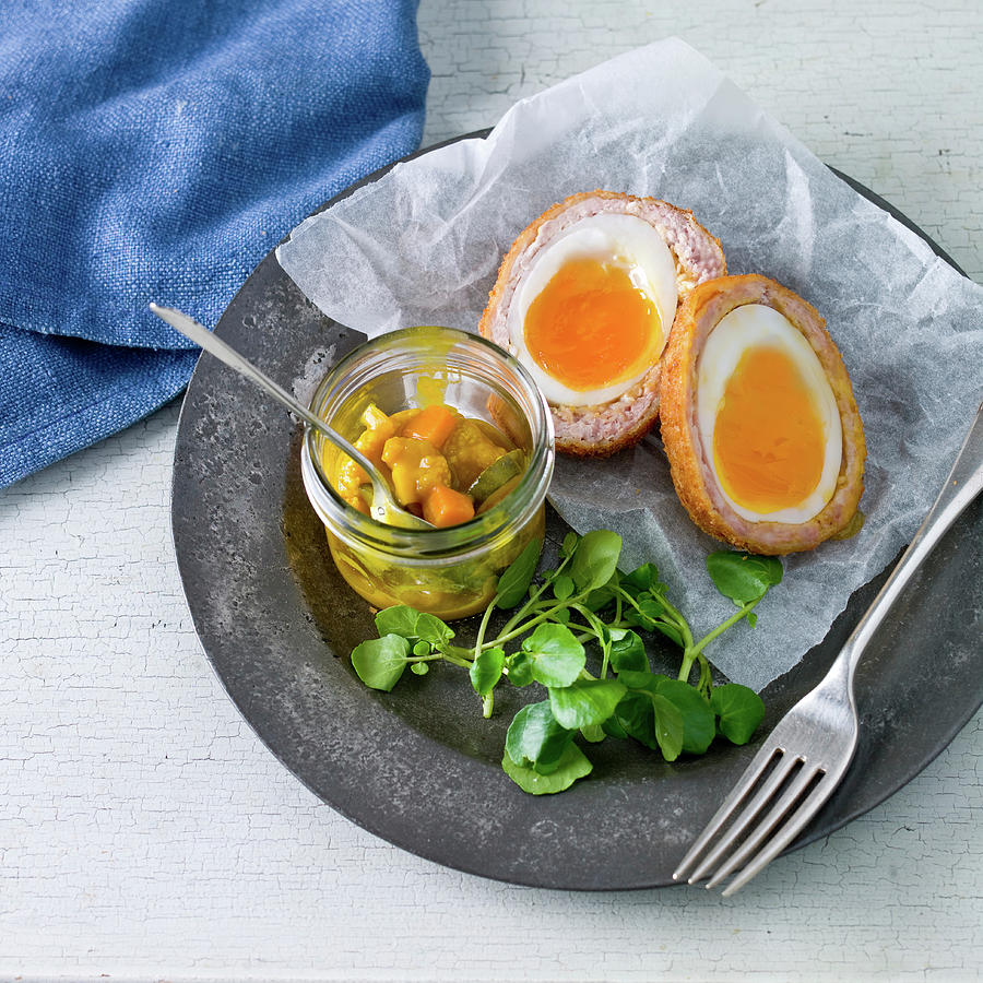 Scotch Eggs With A Cauliflower Pickle And Watercress Photograph by Clive Sherlock