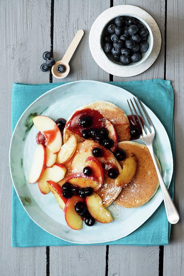 Scotch Pancakes With Buttered Apples And Blueberry Sauce Photograph by Jonathan Short