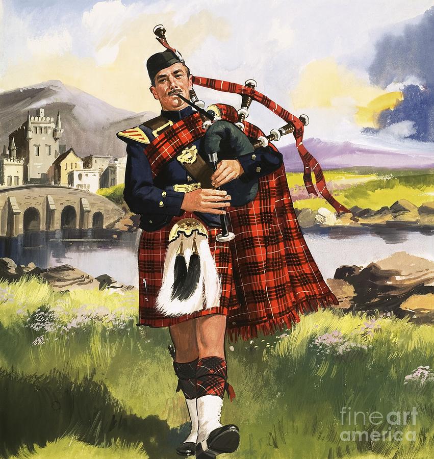 Mountain Painting - Scotsman Playing Bagpipes by English School