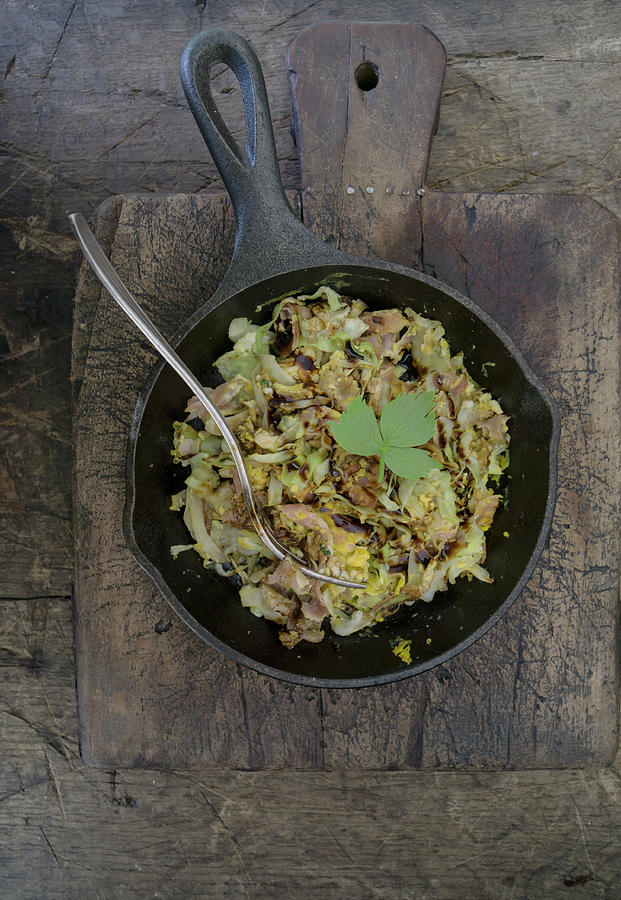 Scrambled Eggs With Ham And Pointed Cabbage With Balsamic Vinegar And