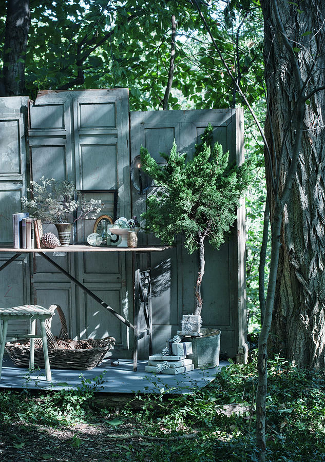 Screen Made From Old Door Leaves And Vintage Accessories In Woods Photograph by Colin Cooke