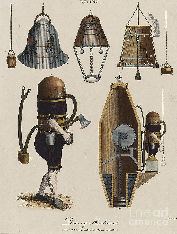 Tool Drawing - Scuba Diving Machine Or Craft  Diver Bell Diagrams Helmet Worn By Divers And Scuba Diving Bells by J Pass