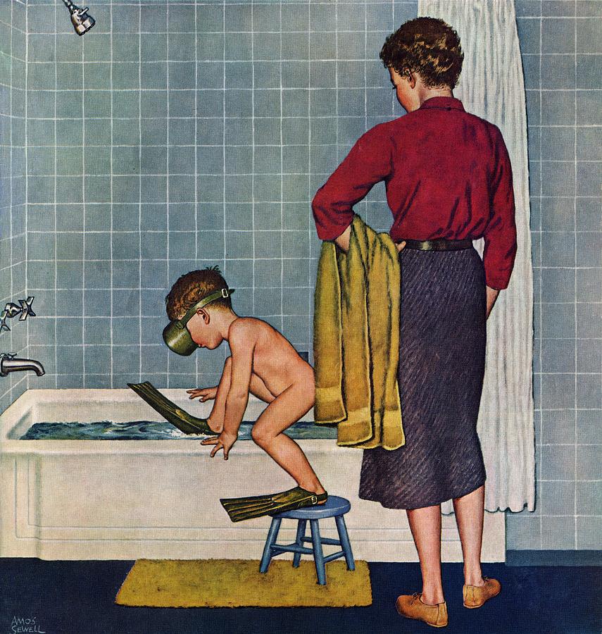 Scuba In The Tub Drawing by Amos Sewell
