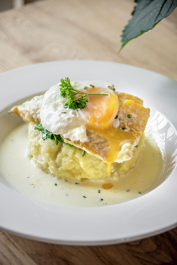 Sea Bass Fish Fillet On A Potato Mash With Runny Yolk Poached Egg Garnished With Herbs On A White Plate And Light Wooden Table Photograph by Giulia Verdinelli Photography