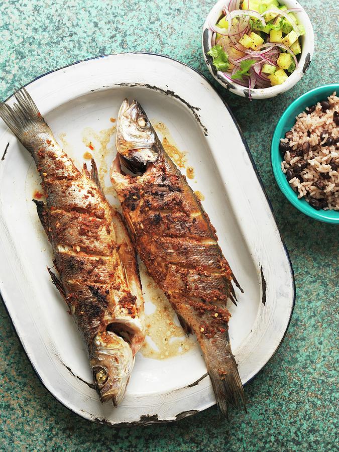 Sea Bass With Bean Rice And Pineapple Salsa Photograph by Jonathan ...