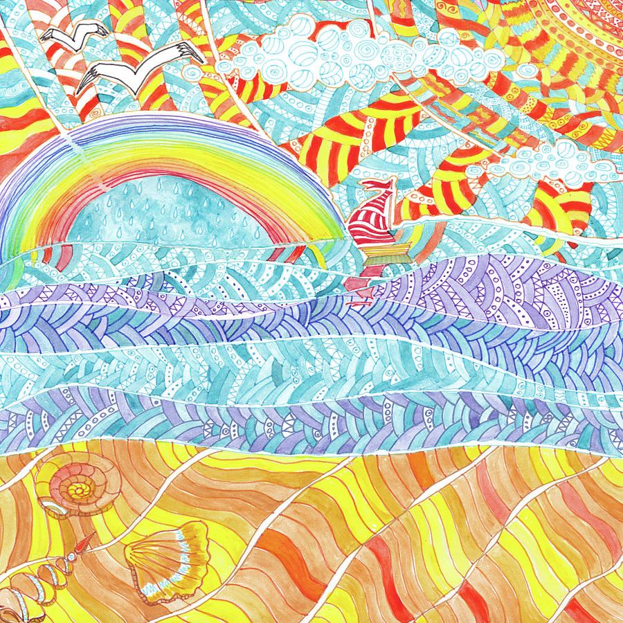 Sunset Drawing - Sea beach with a rainbow and shells - abstract doodle colorful landscape by Elena Sysoeva