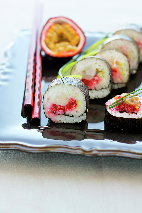 Sea Bream, Raspberry And Passionfruit Exotic Makis Photograph by Sauvages