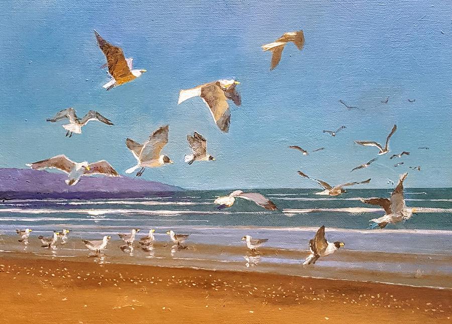 Sea Gulls on Morning Beach Painting by Jessica Anne Thomas