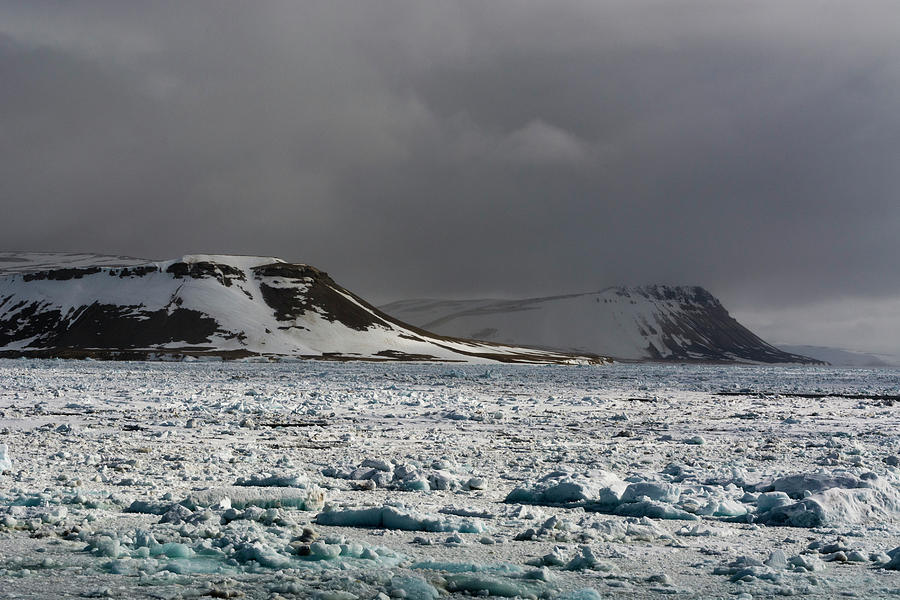 Sea Ice Coastal Landscape And Storm Clouds, Wahlenberg Fjord ...