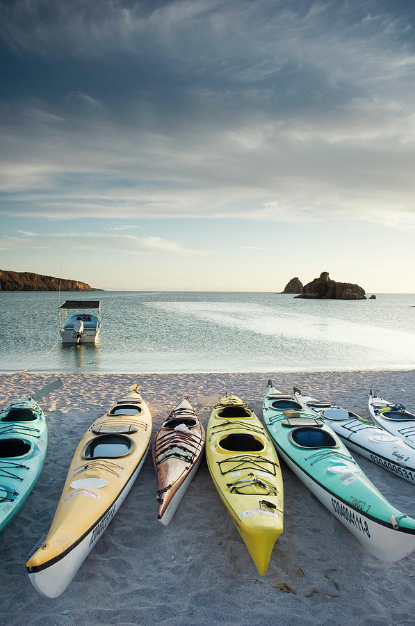 Sea Kayaks Lined Up On Beach Photograph by Zia Soleil
