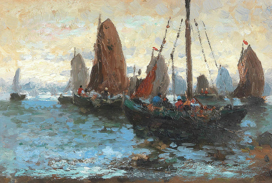 Sea landscape with many sailboats by Adolf Kaufmann 1916 Painting by Movie Poster Prints