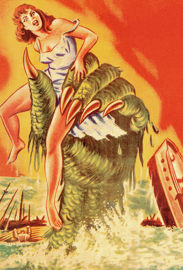 Vintage Drawing - Sea Monster Grabbing Woman by CSA Images