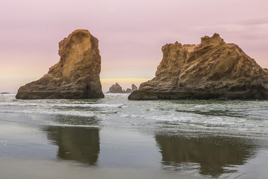 Sea Stack and Spires Sunset 1, Bandon Beach, Oregon Photograph by Dawn Richards
