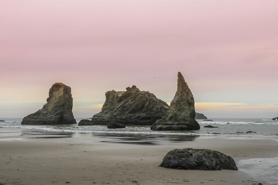 Sea Stack and Spires Sunset 3, Bandon Beach, Oregon Photograph by Dawn Richards
