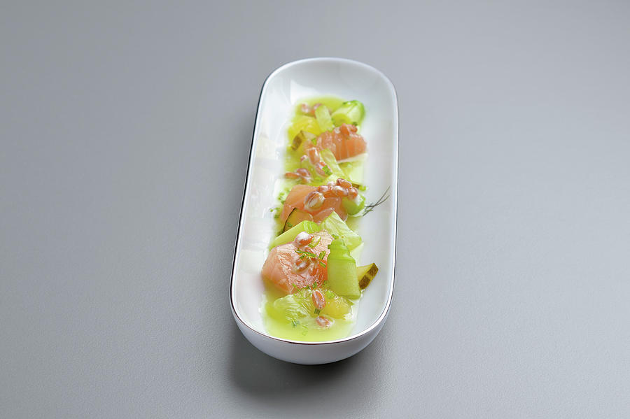 Sea Trout With Variations Of Cucumber, And Apple And Spruce Shoot Juice Photograph by Tre Torri