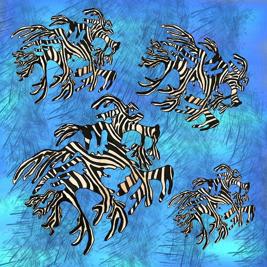 Sea Zebra Dragons Blue Drawing by Joan Stratton