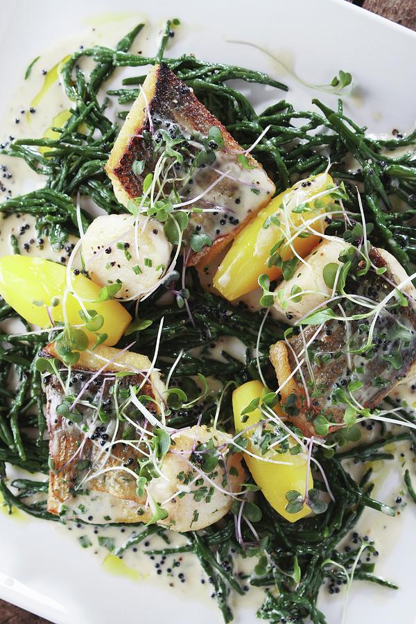 Seabass With Scallops And Samphire Photograph by Neil Langan