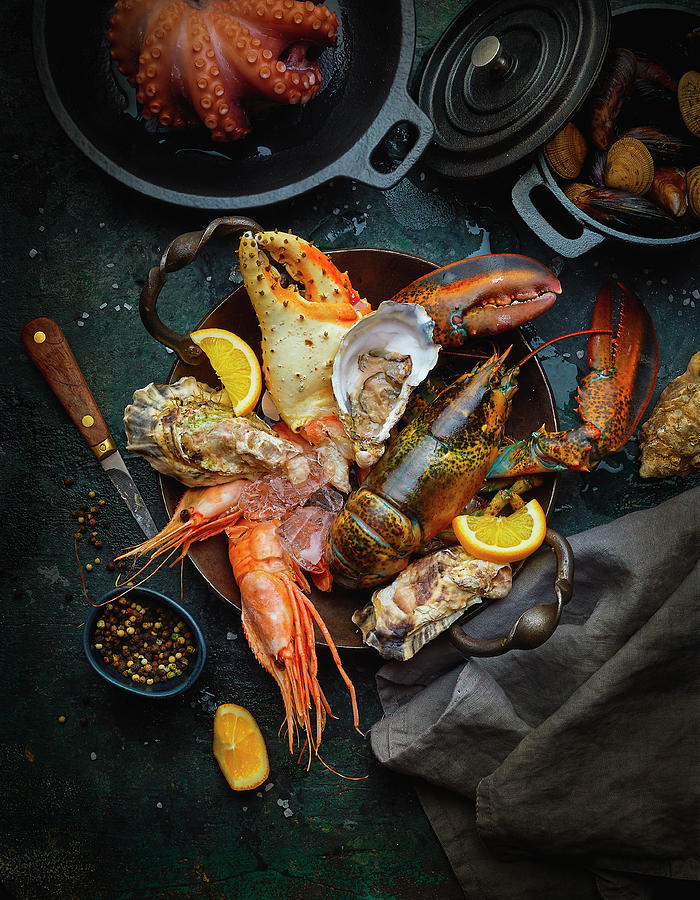 Seafood, Fresh And Cooked, With Oranges And Spices Photograph by Vadim Piskarev