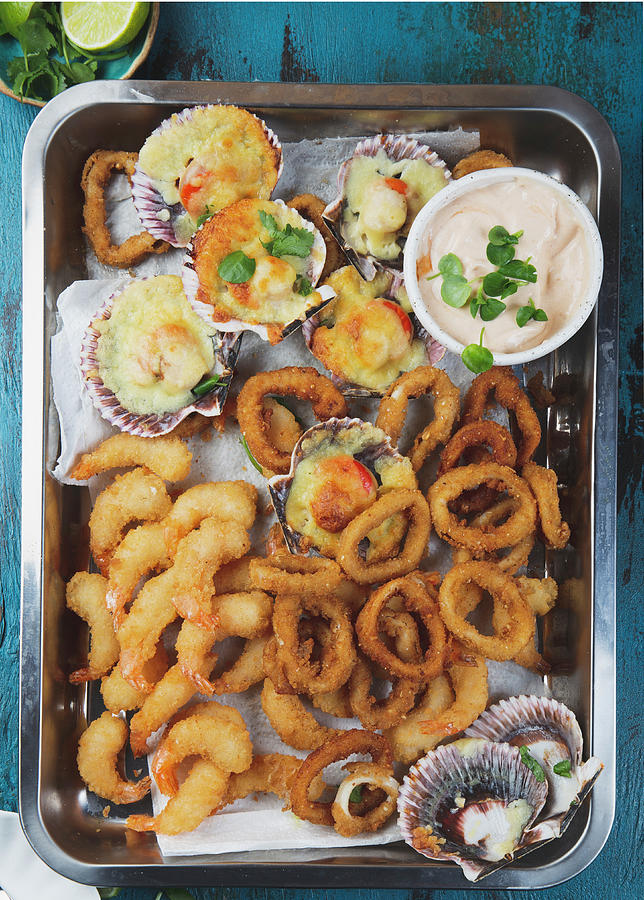 Seafood Hot Platter - Fried Squids Rings, Baked Ostiones And Fried Shrimps Baked With Sauce Photograph by Larisa Blinova