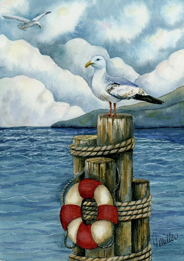 Seagull Painting - Seagull On Post by Tracy Miller