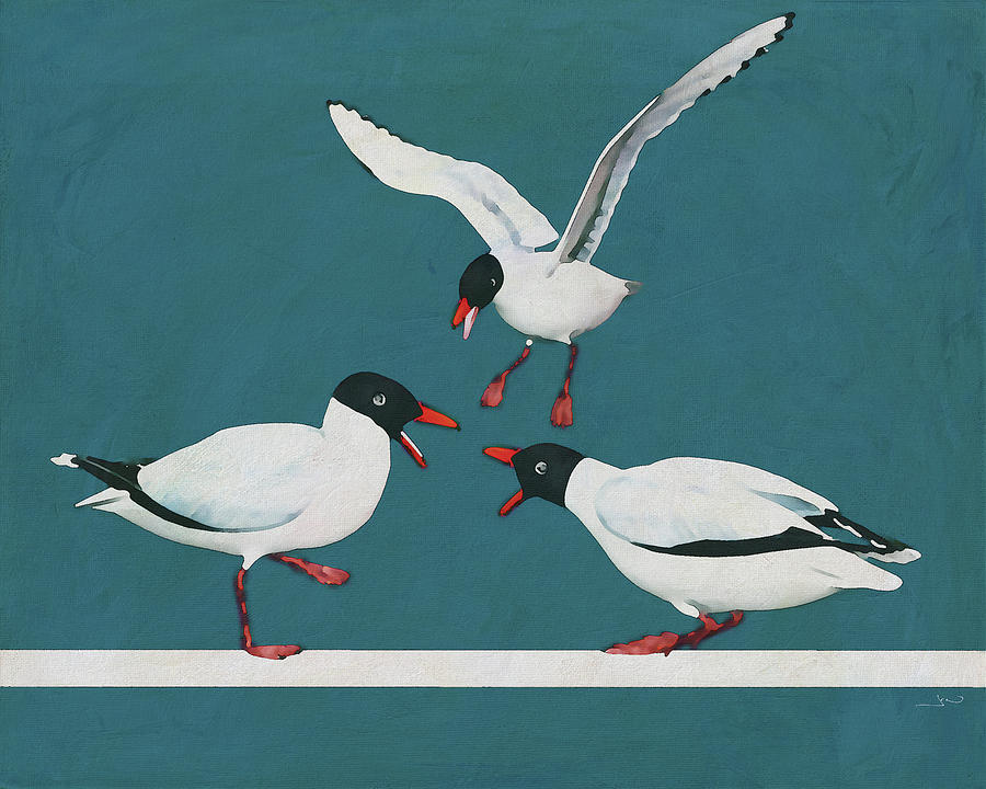 Seagulls are having quite a fight by the ocean Digital Art by Jan Keteleer