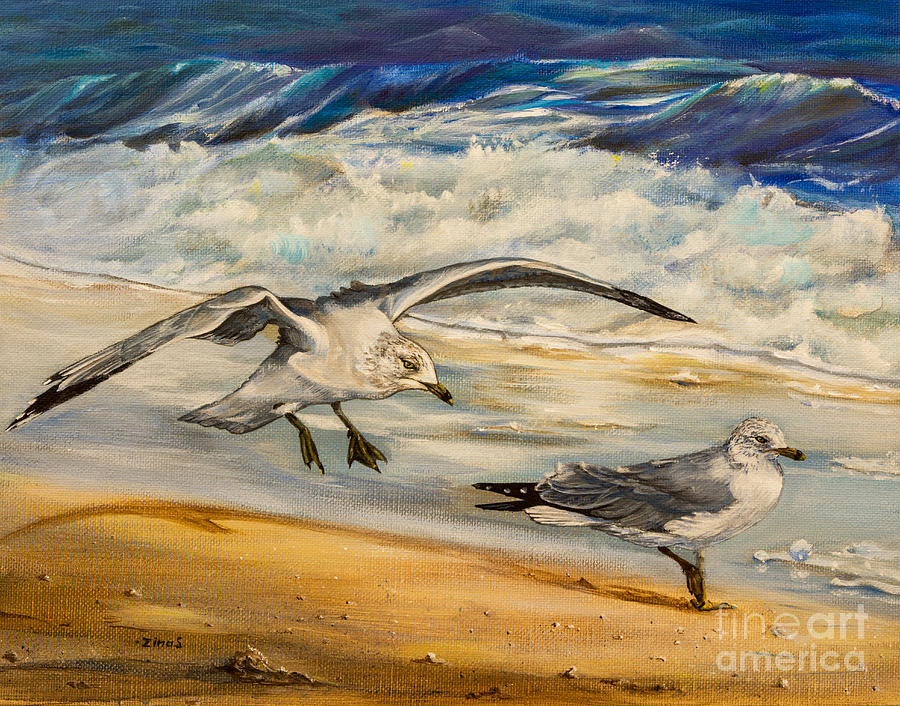 Seagulls on the beach Painting by Zina Stromberg
