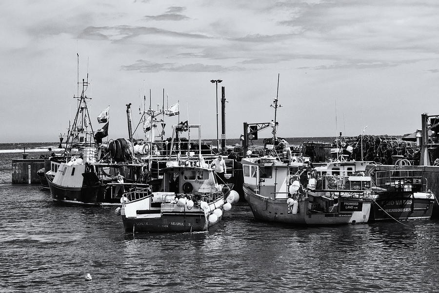 Seahouses Fishing Boats Monochrome Photograph by Jeff Townsend