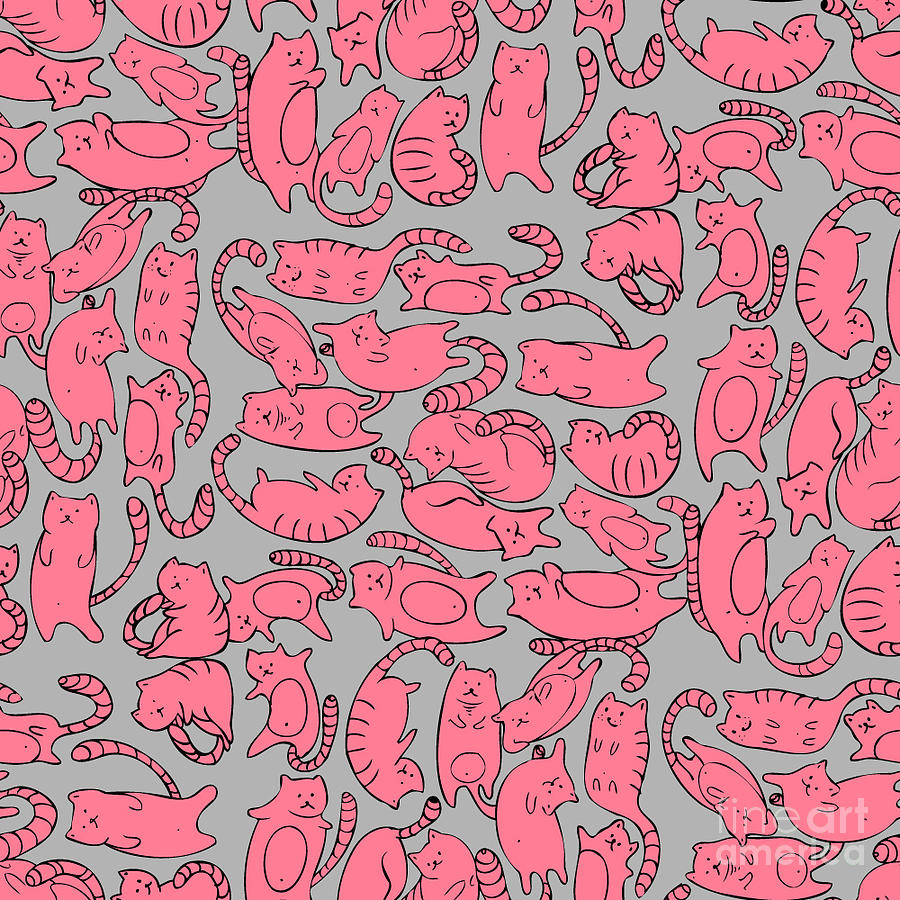 Small Digital Art - Seamless Pattern With Cartoon Pink Cats by Archiartmary