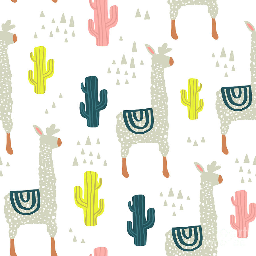 Seamless Pattern With Lamma, Cactus Digital Art by Solodkayamari