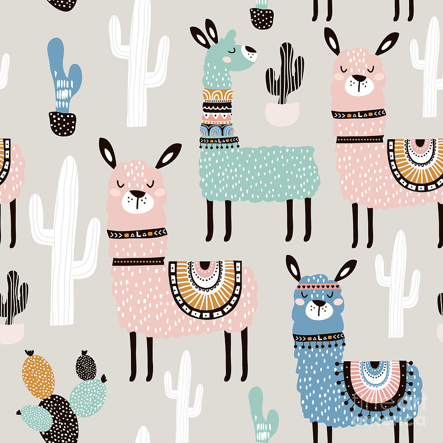 Seamless Pattern With Llama, Cactus Digital Art by Solodkayamari