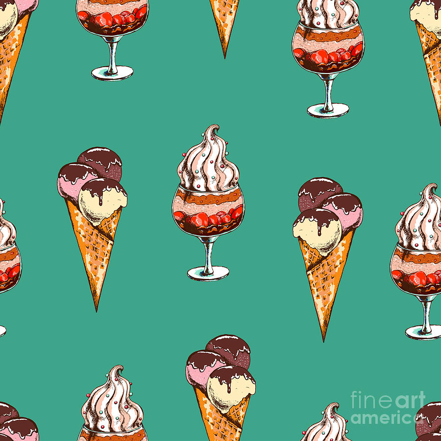 Cherry Digital Art - Seamless Sweet Pattern With Ice Cream by Elena Akimova