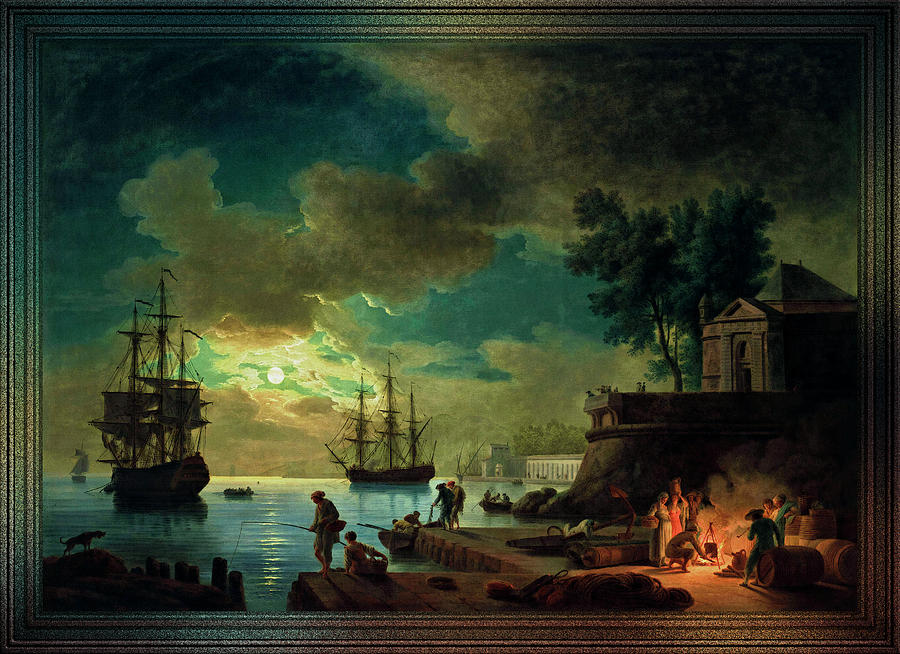 Seaport by Moonlight by Claude Joseph Vernet Painting by Rolando Burbon