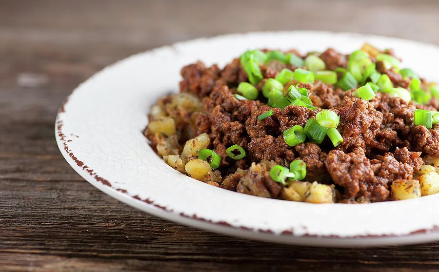Seared Minced Meat With Potatoes And Spring Onions Photograph by Framed Cooks Photography