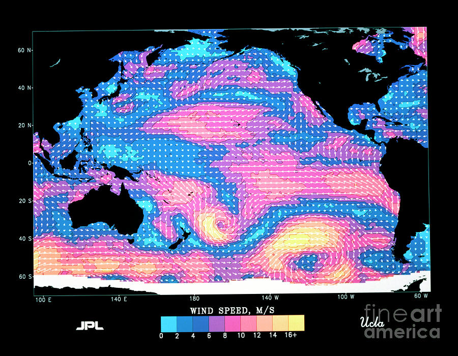 Seasat Map Of Wind Speed & Direction Over Pacific Photograph by P. Woiceshyn, Nasa, Jpl/science Photo Library