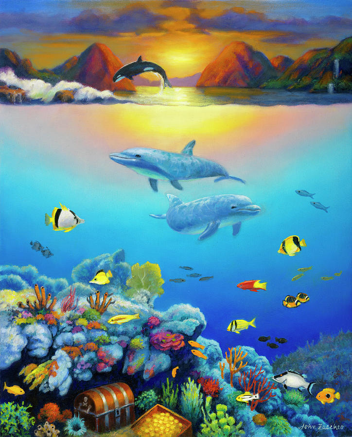Dolphin Painting - Seascape by John Zaccheo