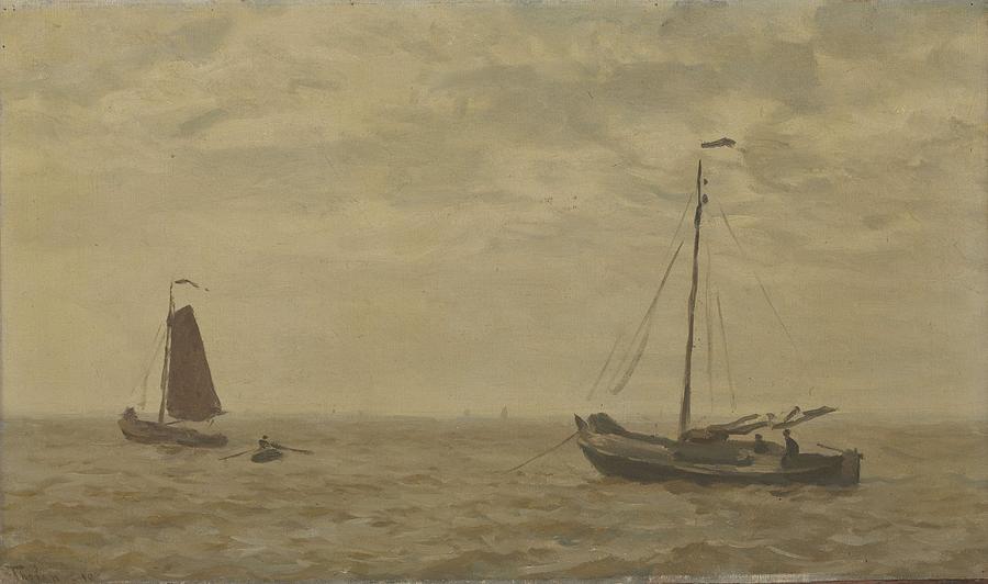 Seascape with fishing boats. Painting by Willem Bastiaan Tholen -1860-1931-