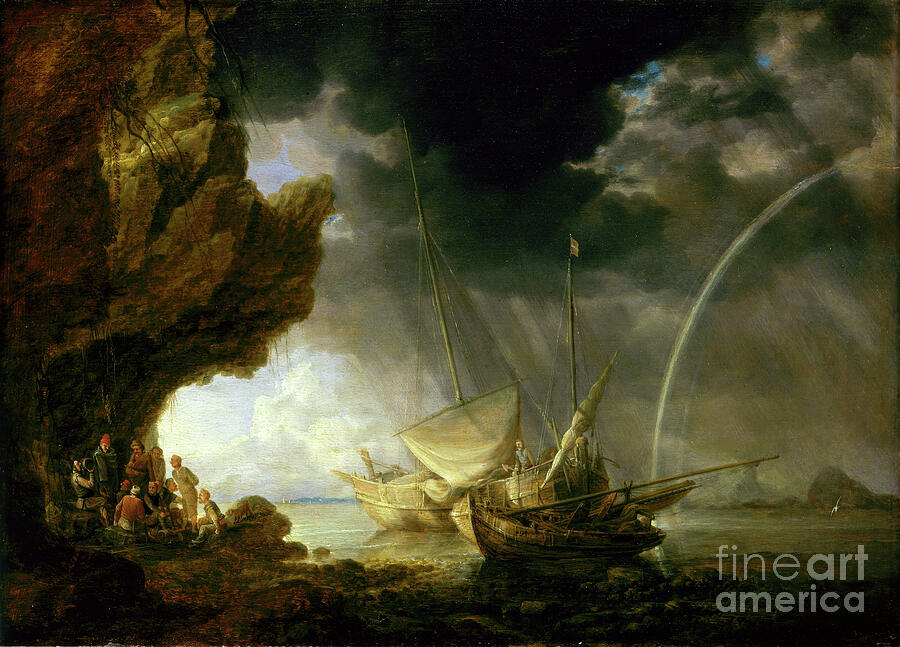 Seascape With Sailors Sheltering From A Rainstorm, Mid 17th Century Painting by Bonaventura Peeters