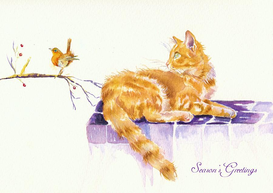 Seasons Greetings - Ginger Cat Painting by Debra Hall