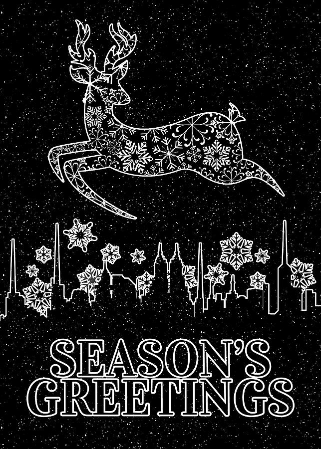 Seasons Greetings Black with White Snowflakes and Reindeer Digital Art by Doreen Erhardt