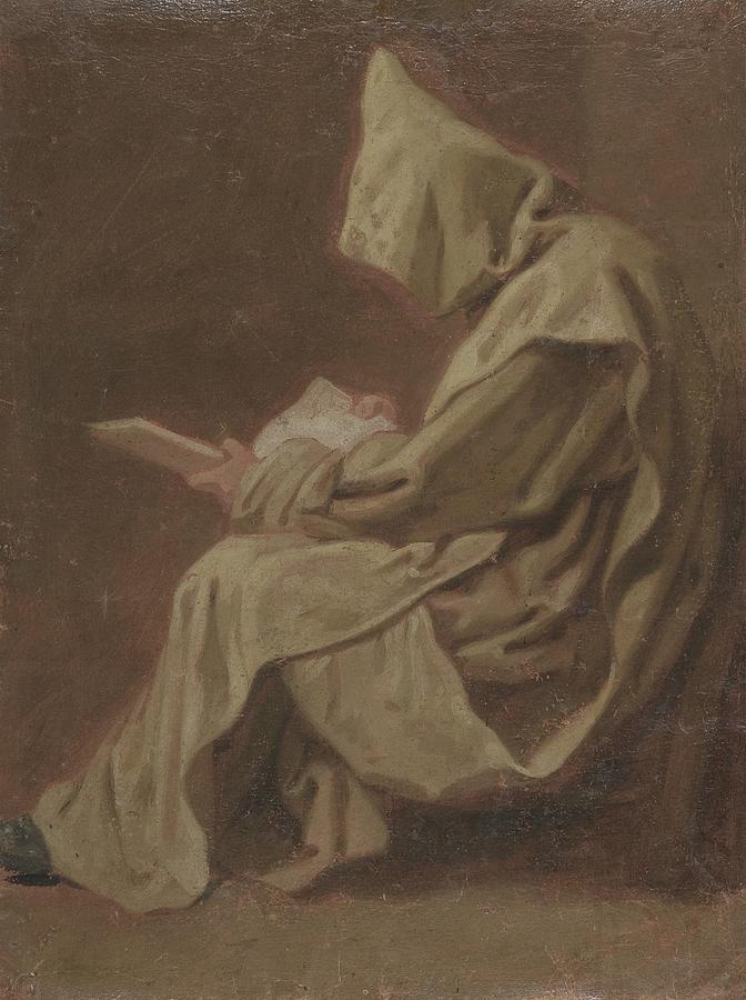 Hooded Painting - Seated Carthusian Holding An Open Book by Jean Ii Restout
