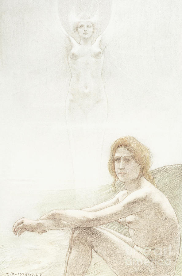 Armand Rassenfosse Drawing - Seated female nude with ghostly female figure in the background, 1897 by Armand Rassenfosse