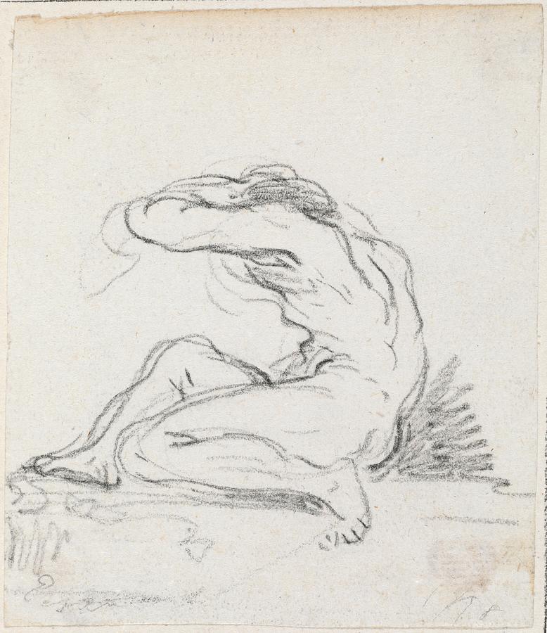 Fantasy Drawing - Seated Male Nude With Arm Over Head, Seen From The Side by Hubert Robert