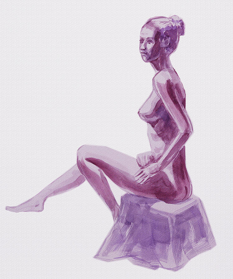 Seated Nude Woman Model In Purple Painting