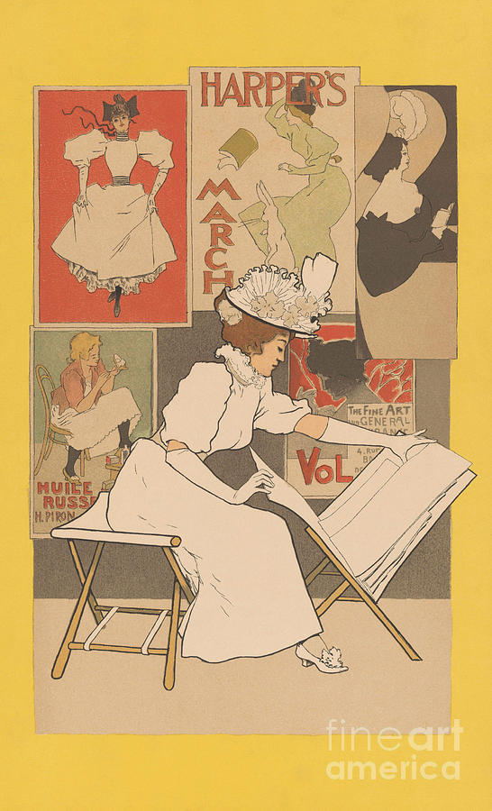 Seated woman at a stand looking at prints, 1897  Painting by Armand Rassenfosse