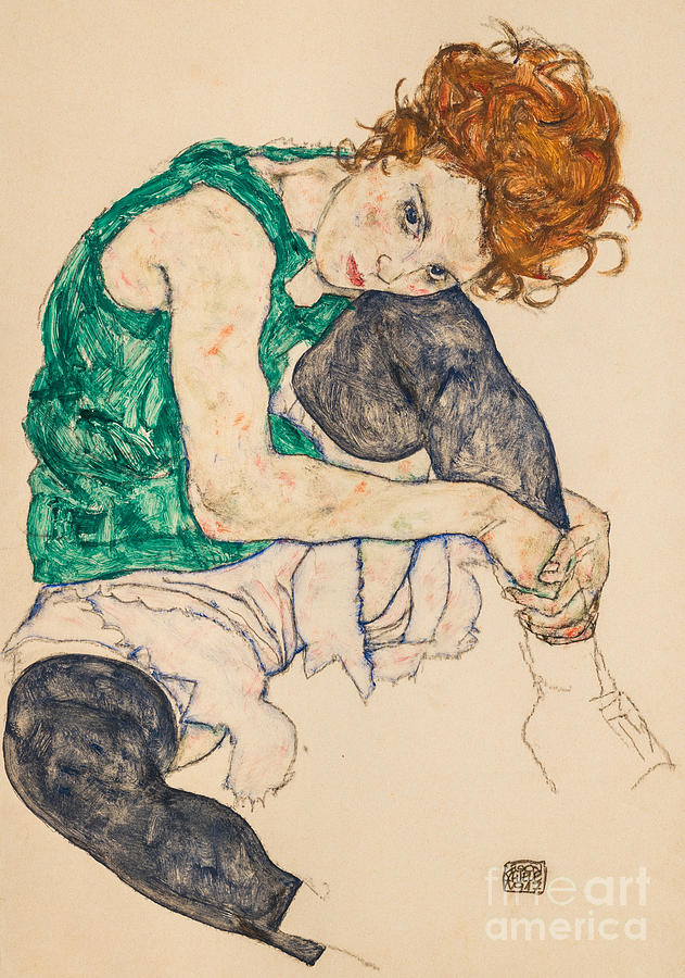Seated Woman with Bent Knees, 1917 by Egon Schiele Painting by Egon Schiele