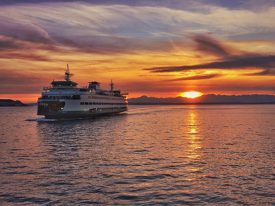 Ferry at Sunset Photograph by Jerry Abbott