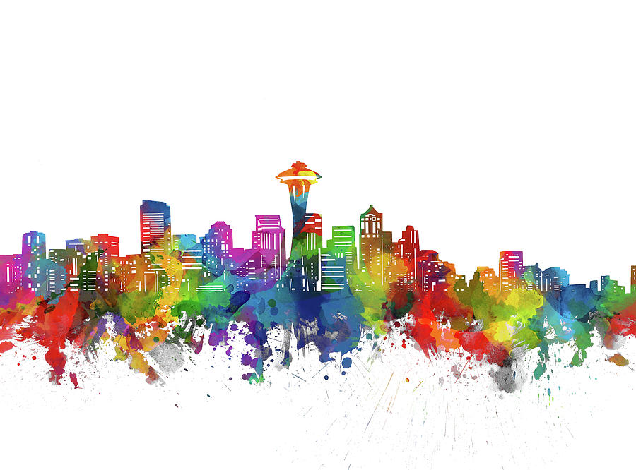 Seattle City Skyline Watercolor Digital Art