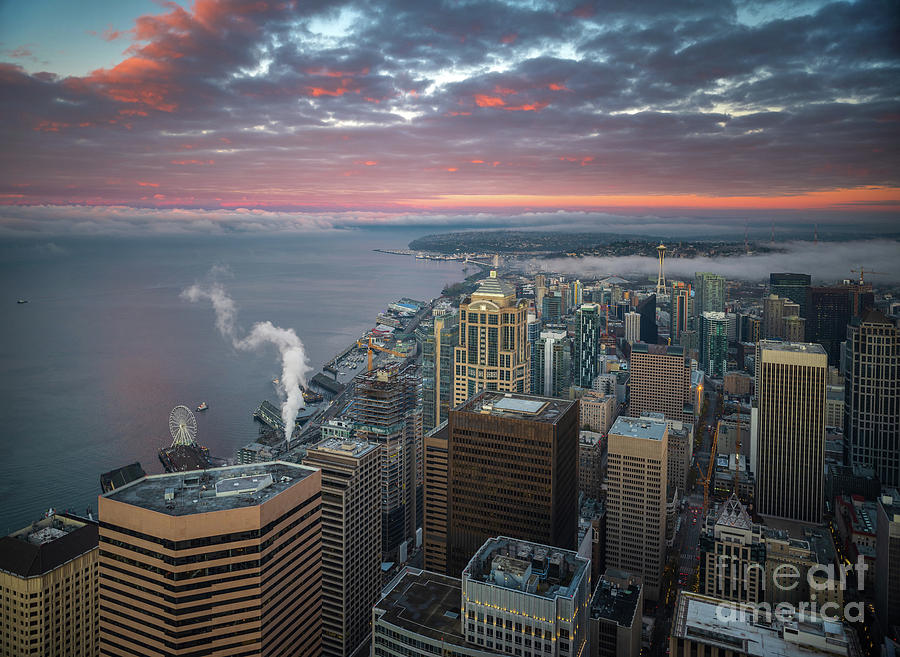 Seattle Photograph - Seattle Cityscape Sunrise Clouds by Mike Reid